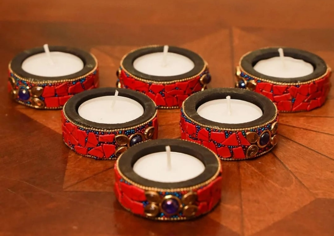 wooden with stone work tea light holder for diwali décor/ gift item, red